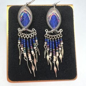 Artisan Boho Drop Earrings Blue Beaded Threaded Fringe Dream Catcher